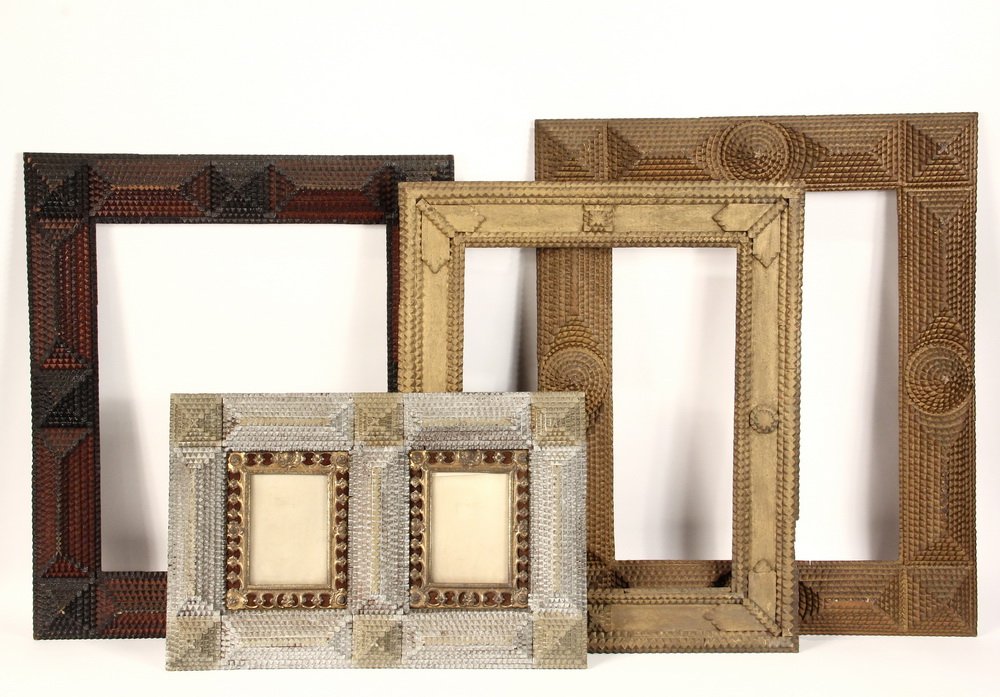 (4) TRAMP ART FRAMES - 19th c. Tramp Art Frames in: (4) TRAMP ART FRAMES - 19th c. Tramp Art Frames in painted and chip carved wood, all original surface, including: Double-Window Frame in silver paint with pierced gilt liners having red velvet backing
