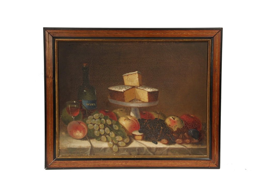 AMERICAN STILL LIFE - Mid 19th c. Naive Still Life of: AMERICAN STILL LIFE - Mid 19th c. Naive Still Life of Cake on a Stand with fruit and wine, oil on canvas, illegibly signed lower left, in later mahogany panel frame with black lacquer and gilt trim, O