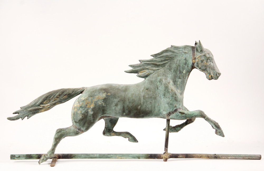 WEATHERVANE - Ethan Allen Full-Body Running Horse in: WEATHERVANE - Ethan Allen Full-Body Running Horse in molded copper with remnants of gilding, late 19th c, attributed to J.W. Fiske, with tab added to the original lower rail to make it freestanding. F