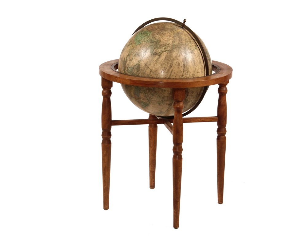 GLOBE ON FLOOR STAND - 19th c. Terrestrial Globe on: GLOBE ON FLOOR STAND - 19th c. Terrestrial Globe on mahogany stand with bronze fittings, having indicative names such as "Hinddostan", "Fezza" & "Sandwich Islands". No maker's mark, 14" litho paper co