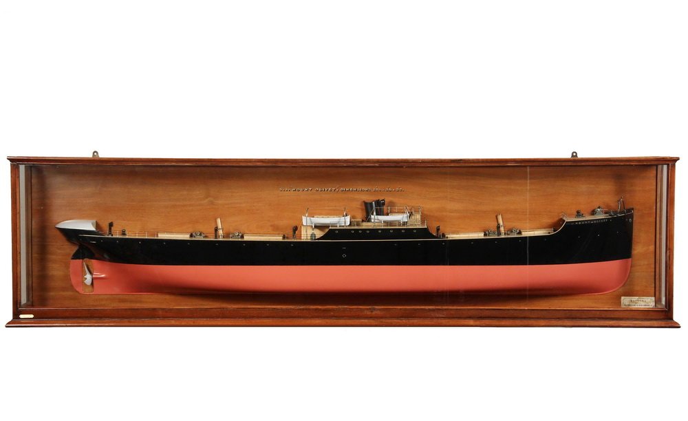 WALL-MOUNT CASED BUILDER'S BOAT MODEL - Fully Finished: WALL-MOUNT CASED BUILDER'S BOAT MODEL - Fully Finished Half Hull of the Freighter SS 'Mount Olivet', in mahogany framed glass case with solid backplate captioned with ship's name and dimensions of 285
