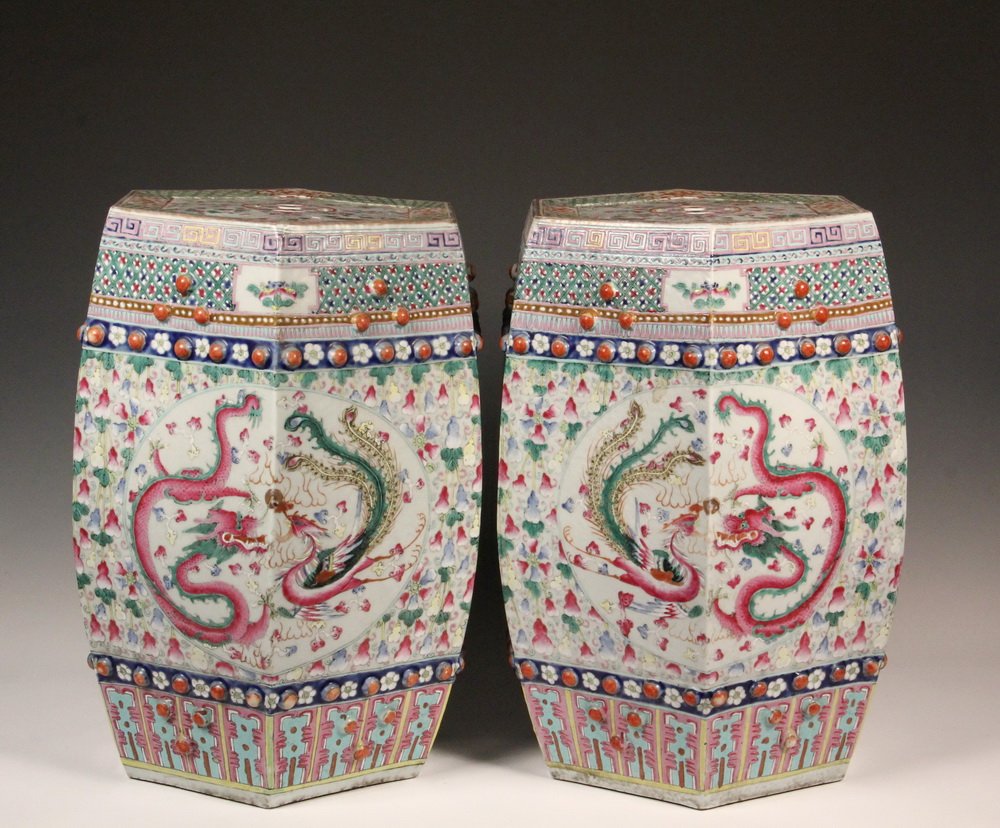 PAIR OF CHINESE GARDEN SEATS - Outstanding Porcelain: PAIR OF CHINESE GARDEN SEATS - Outstanding Porcelain Garden Seats in octagonal barrel form, with pierced double coin fortune decoration and raised bosses, slightly recessed top, polychrome glaze, havi