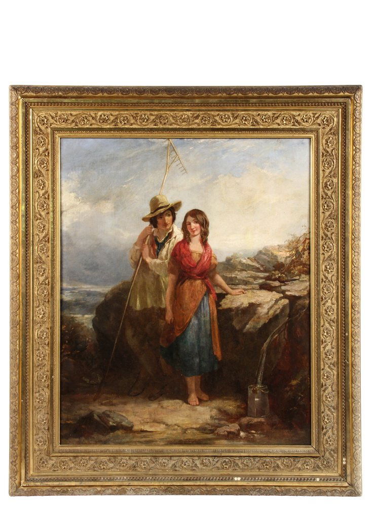 THOMAS JONES BARKER (UK, 1815-1882) - Courting at the: THOMAS JONES BARKER (UK, 1815-1882) - Courting at the Highland Spring, oil on canvas, signed lower left "T.J. Barker" and dated 1879. In Victorian gilt gesso panel frame, OS: 31" x 27", SS: 23" x 19".