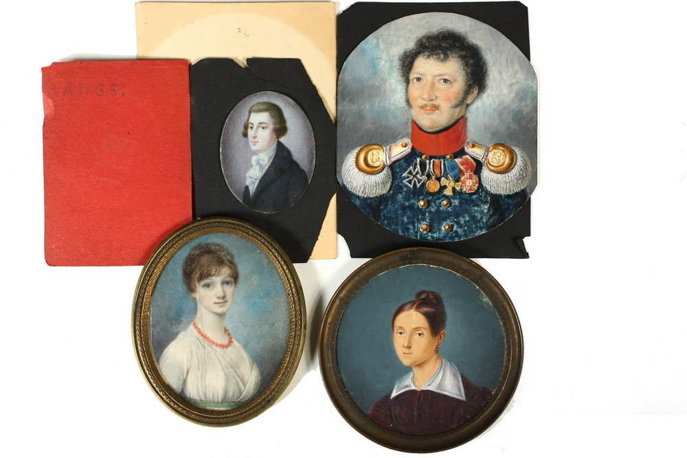 (4) MINIATURE PORTRAITS - Including W/C on Ivory: (4) MINIATURE PORTRAITS - Including W/C on Ivory Portrait of a Lovely Red-Headed Woman, ca 1815, probably American, she is in a white gown, wearing a coral bead necklace, in vintage brass frame with d