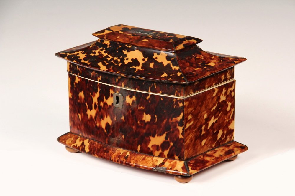 TEA CADDY - Regency Tortoiseshell Tea Caddy with: TEA CADDY - Regency Tortoiseshell Tea Caddy with mansard stepped shaped hinged lid with central silver plate, the case having a bowed front with a stepped molded base, silver lock escutcheon. Set on o
