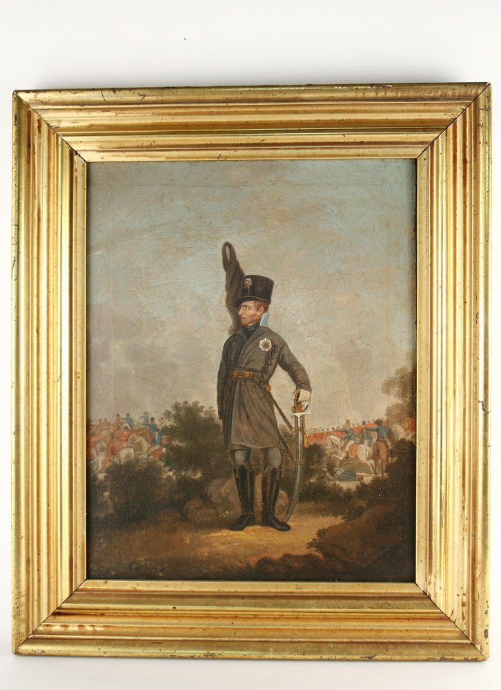 OOC - Portrait of Prussian army officer, ca. 1820s,: OOC - Portrait of Prussian army officer, ca. 1820s, standing facing left with left hand resting on cavalry sword, in grey uniform with royal decoration, (appears to be the order of the red eagle), bla