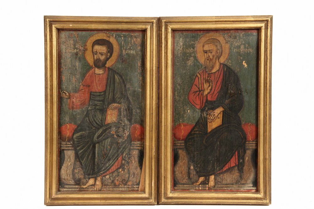 PAIR OF EARLY RELIGIOUS ICONS - Palestinian-Christian: PAIR OF EARLY RELIGIOUS ICONS - Palestinian-Christian Icons of Saints Matthew and Luke, Apostles and Evangelists, rendered in the Greek Orthodox style with Late Byzantine influences, painted pine pane