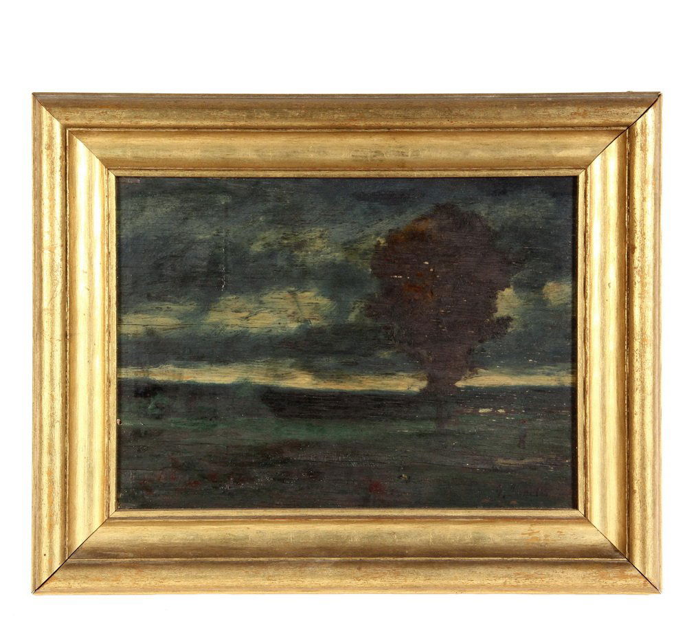 ATTRIBUTED TO GEORGE INNESS (Scotland/NY/MA, 1825-1894): ATTRIBUTED TO GEORGE INNESS (Scotland/NY/MA, 1825-1894) - Lone Tree at Dusk, oil on laminated wooden panel, signed lr 'G. Inness', in gold cove frame. OS: 12" x 15", SS: 8" x 11". Light buckling to su