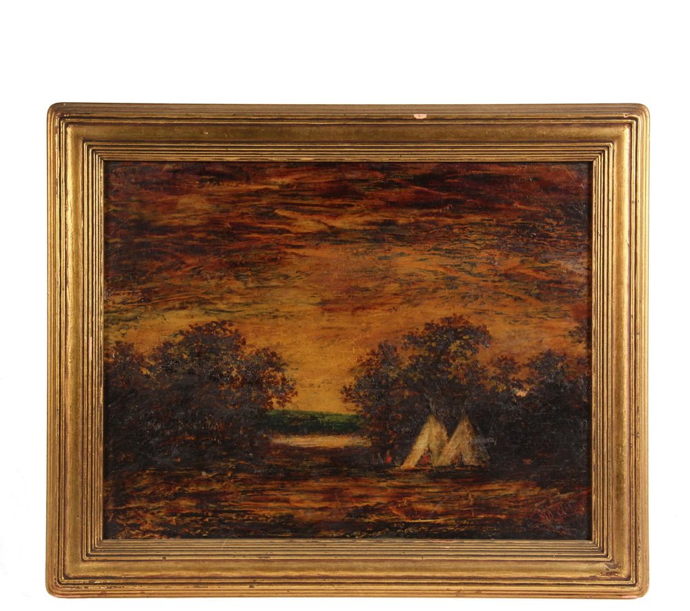 ATTRIBUTED TO RALPH ALBERT BLAKELOCK (NY/CA, 1847-1919): ATTRIBUTED TO RALPH ALBERT BLAKELOCK (NY/CA, 1847-1919) - Indian Encampment at Riverside Glen, oil on laminated wood panel, signed lower right "R.A. Blakelock", remnant of exhibition label verso, in g
