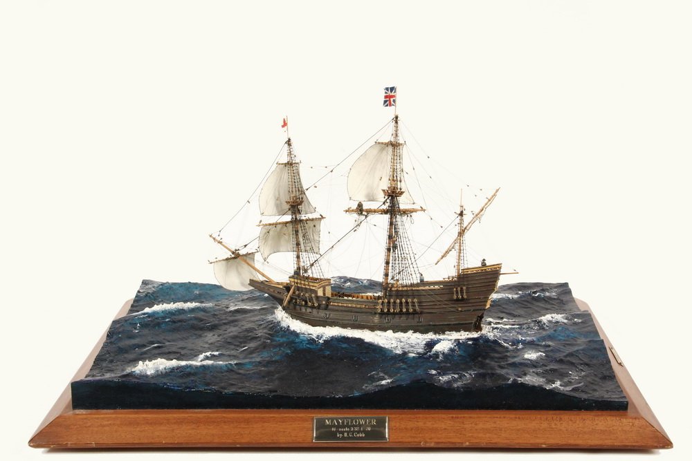 CASED SHIP MODEL - "Mayflower" by Horace Cobb (1919- ),: CASED SHIP MODEL - "Mayflower" by Horace Cobb (1919- ), a 3/32" to 1' model, depicted underway in heavy seas, her hull is individually planked-over, with all rigging of thread showing actual knowledge