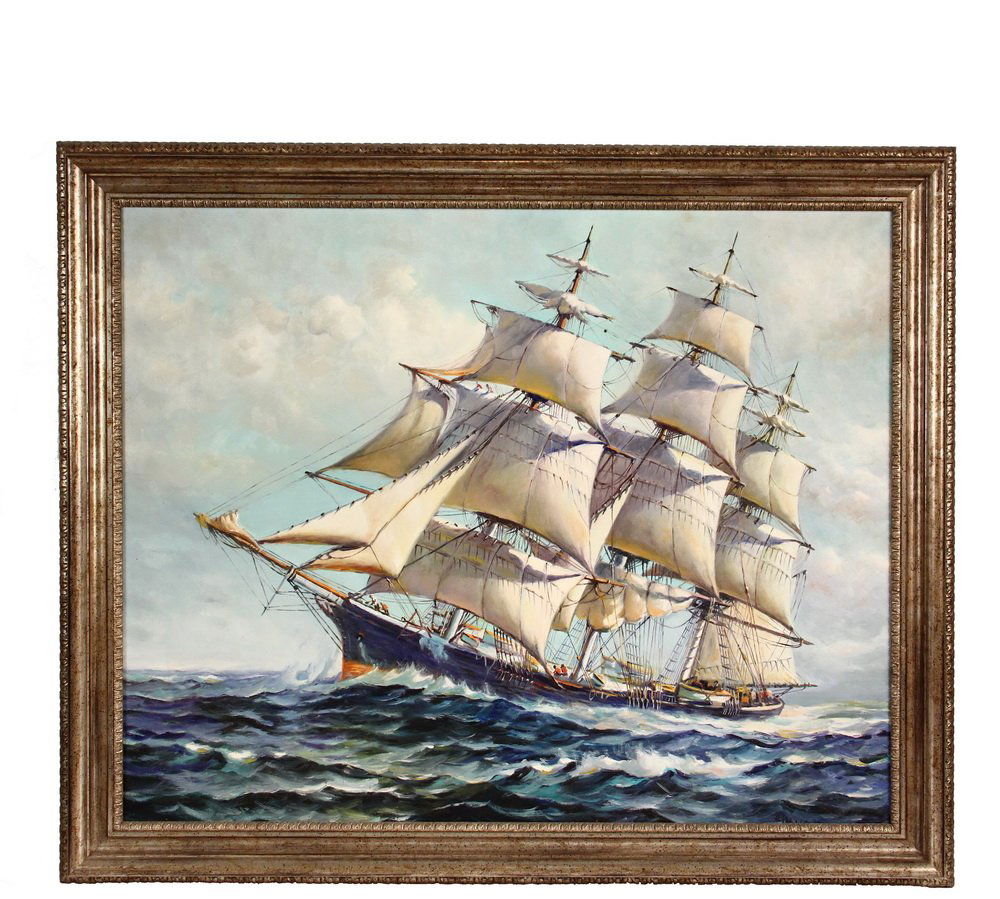 H. SILVA FERNANDEZ (MA, 20th c.) - Clipper Ship, oil on: H. SILVA FERNANDEZ (MA, 20th c.) - Clipper Ship, oil on canvas, original signature lower right mostly obscured by frame, re-signed in block letters in lower right corner, in silver leaf molded frame.