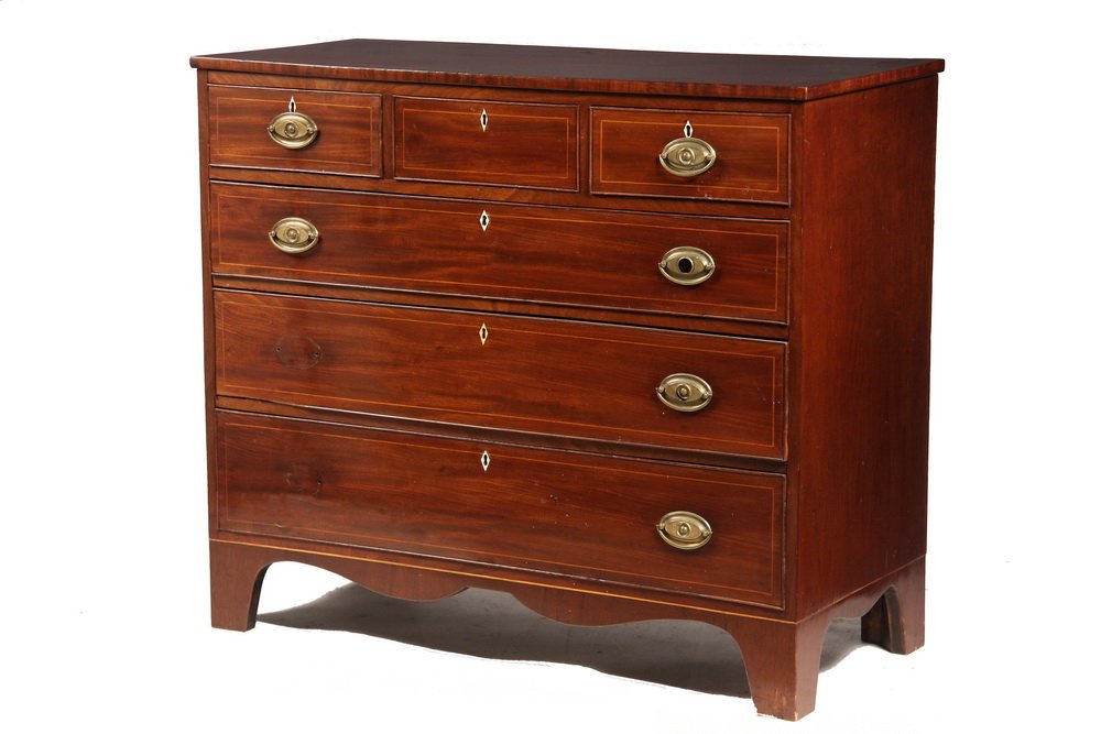 HEPPLEWHITE DRESSER - Early 19th c. English in mahogany: HEPPLEWHITE DRESSER - Early 19th c. English in mahogany with beaded edge and string inlaid banding, three over three graduated drawers, drop bails with oval brass backplates and diamond shaped escutch