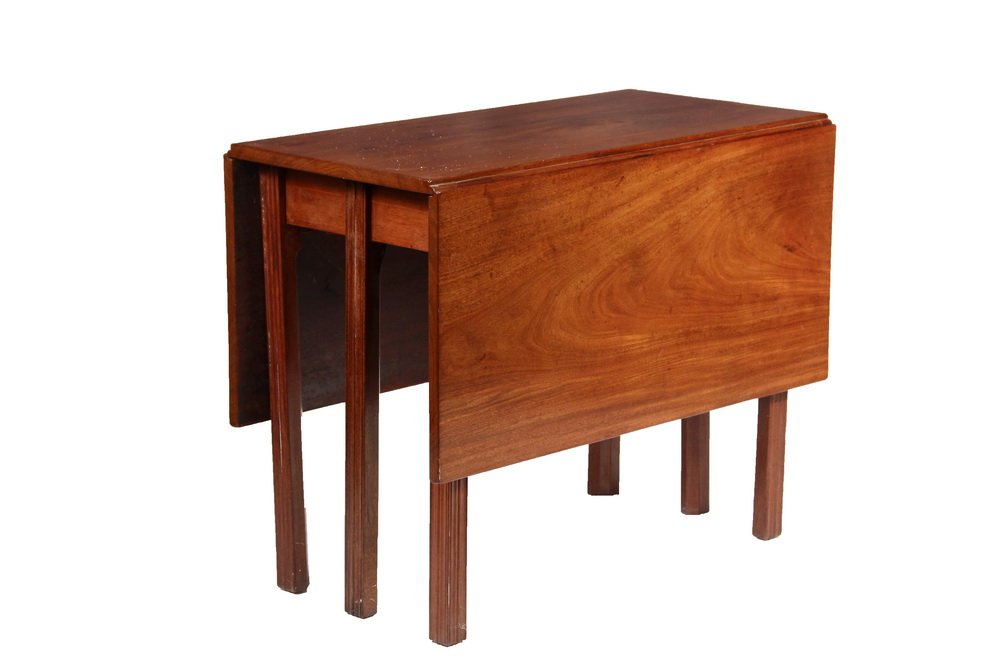 DROP LEAF TABLE - Period Chippendale Figured Mahogany: DROP LEAF TABLE - Period Chippendale Figured Mahogany Table with six square ribbon channeled legs, having double gatelegs on both sides. 28" x 18 1/2" x 35 3/4", 17" single plank leaves. Paint specks,