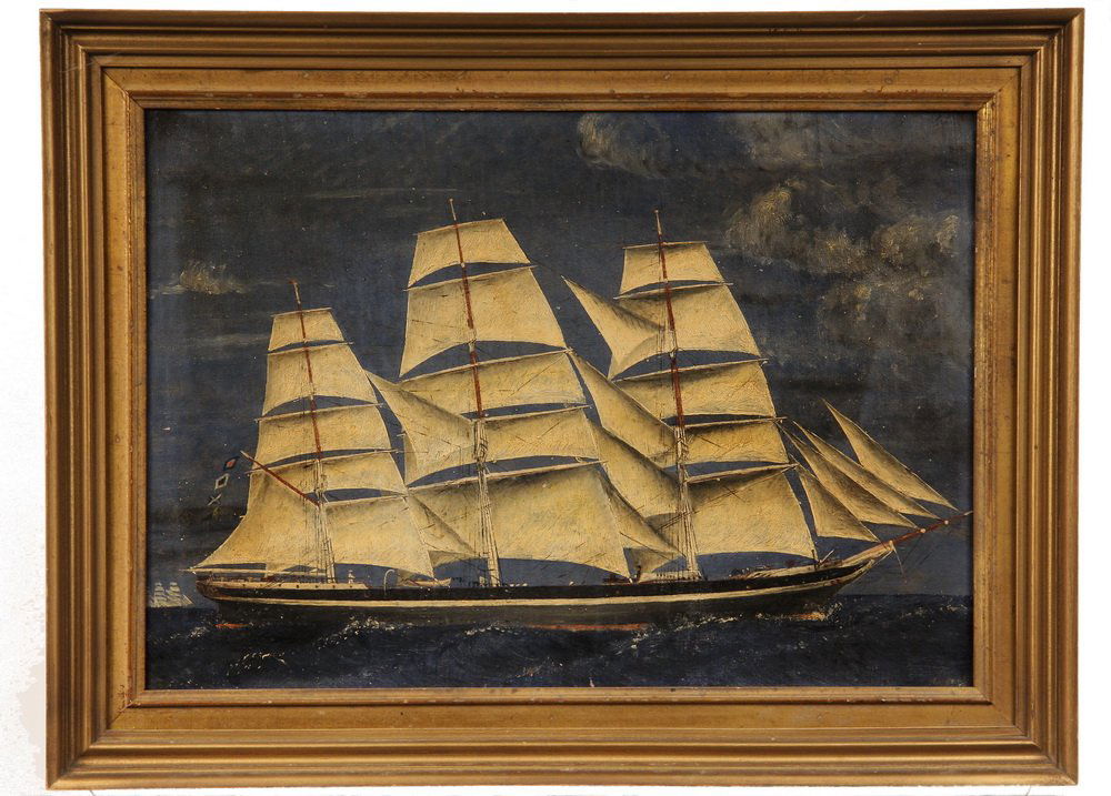 OOC - Primitive Portrait of a Clipper Ship under full: OOC - Primitive Portrait of a Clipper Ship under full sail, with signal flags up, a second ship in race astern, unsigned, circa 1880, in gold molded frame, 16 1/2" x 23 1/2", OS: 21 3/4" x 28 3/4". Ne