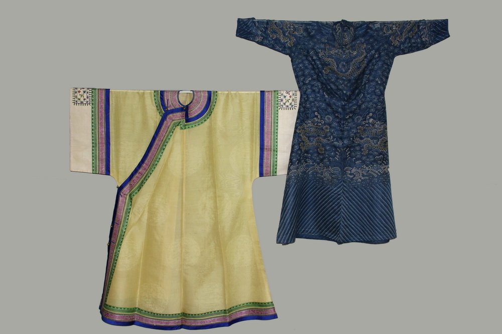 (2) CHINESE ROBES - Ladies Summer Gauze Robes (Jifu),: (2) CHINESE ROBES - Ladies Summer Gauze Robes (Jifu), both late Qing, circa 1910, including Traditional Dragon Robe in lemon yellow with integral medallions, green and pink woven ribbon banded edges w