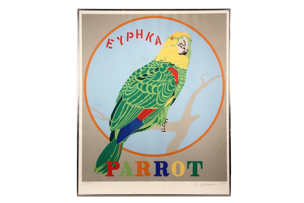 ROBERT INDIANA (NY/ME, 1928 - ) - "Parrot, Eyphka",: ROBERT INDIANA (NY/ME, 1928 - ) - "Parrot, Eyphka", 1971, serigraph on paper, pencil signed and numbered 193/200, in the original aluminum box frame, under plexiglas, with gallery display label verso.