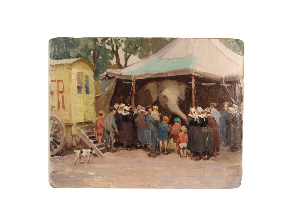 MABEL MAY WOODWARD (RI/ME, 1877-1945) - Circus Day,: MABEL MAY WOODWARD (RI/ME, 1877-1945) - Circus Day, Concarneau, Brittany, depicting a crowd gathered around an elephant at the edge of a tent, the women in their distinctive bonnets; oil on artist's b