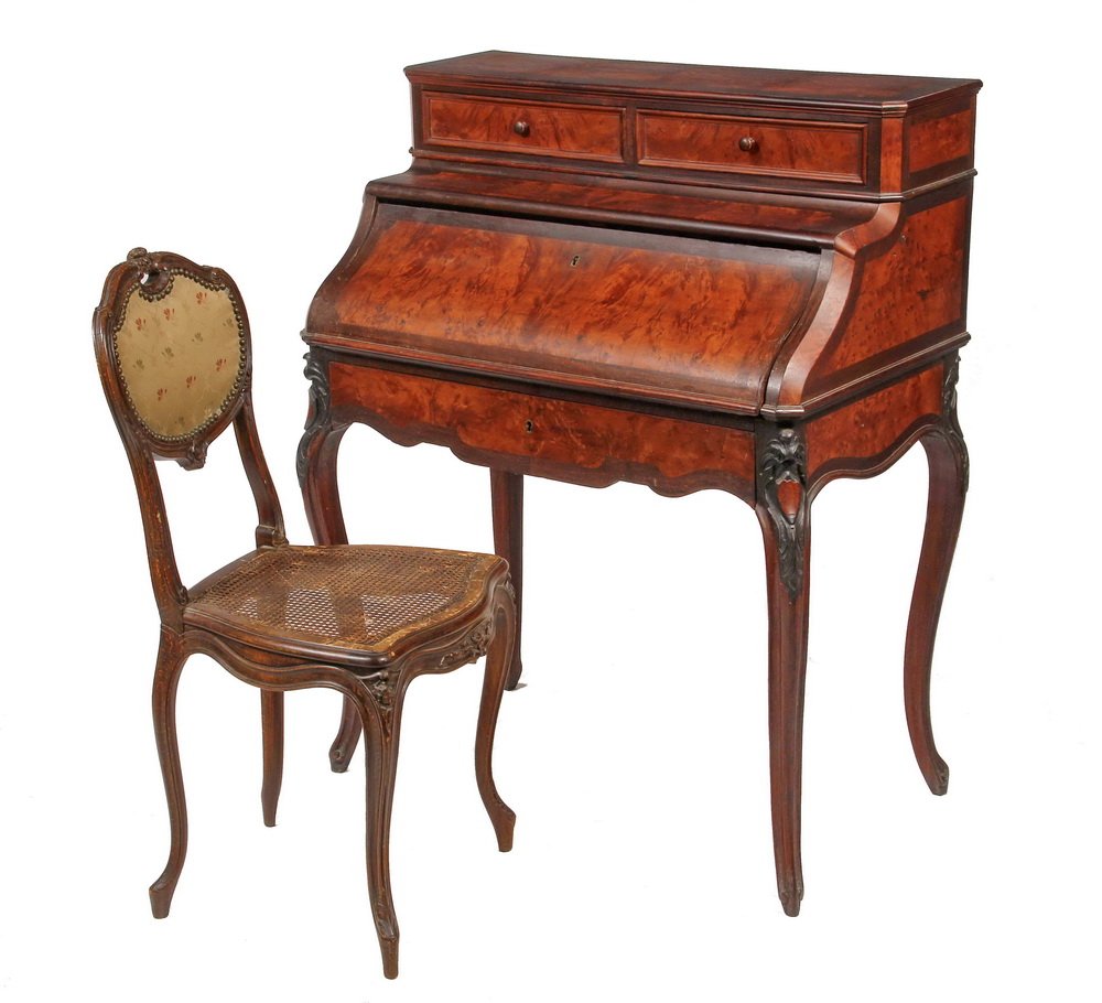 ANTEBELLUM SOUTHERN LADY'S DESK - Rare Rococo Revival: ANTEBELLUM SOUTHERN LADY'S DESK - Rare Rococo Revival Drop-Front Desk in flame mahogany by Prudent Mallard, New Orleans, ca 1855, partial label on back. Upper drawers secured by the key lock ogee fron