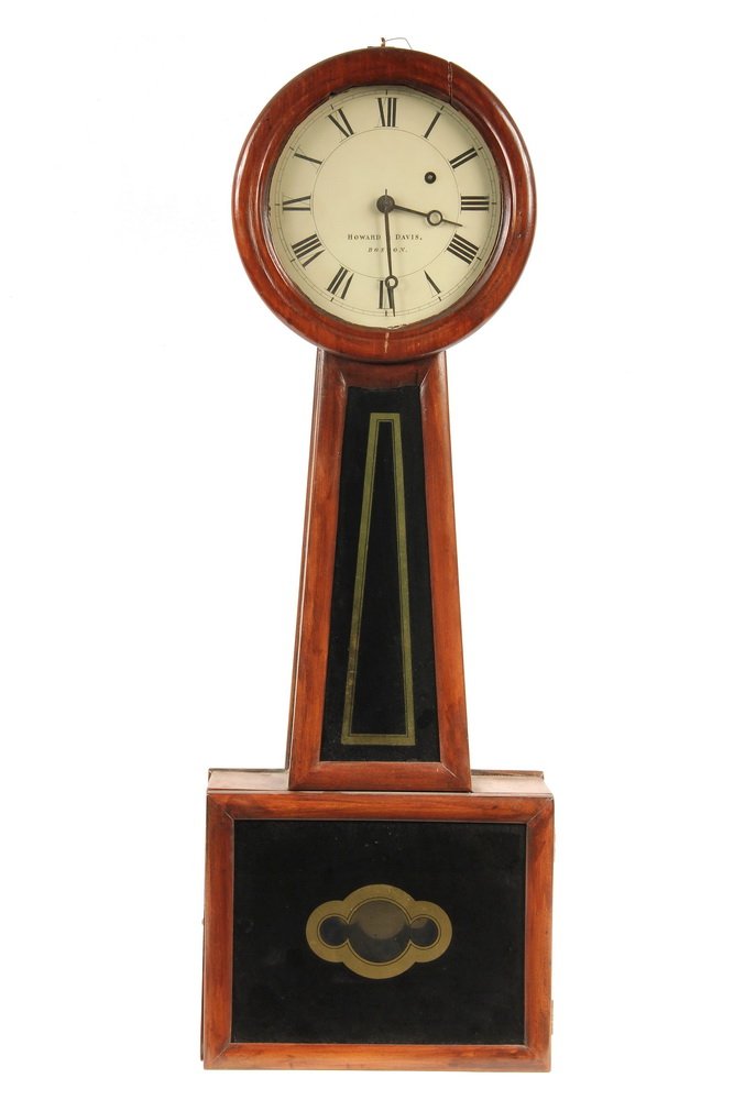 BANJO CLOCK - Howard & Davis of Boston Clock with solid: BANJO CLOCK - Howard & Davis of Boston Clock with solid cherry case, tapered throat with eglomise panel, pendulum case with matching detail. Brass weight driven time only movement. Original weight and