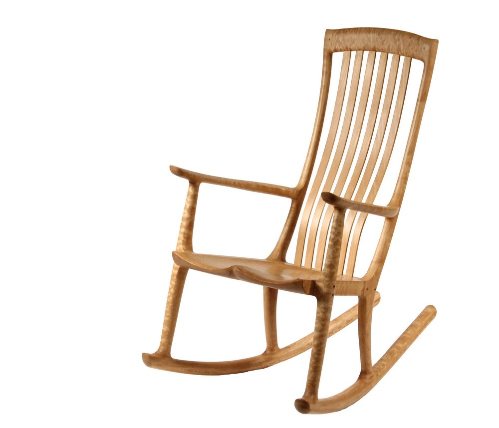 DESIGNER ROCKER - "South Yuba" Rocking Chair, by Robert: DESIGNER ROCKER - "South Yuba" Rocking Chair, by Robert Erickson of Nevada City, California, an ergonomic design in fiddleback maple, signed on underside and dated 1994, numbered 23, marked 'BJ'. Enti
