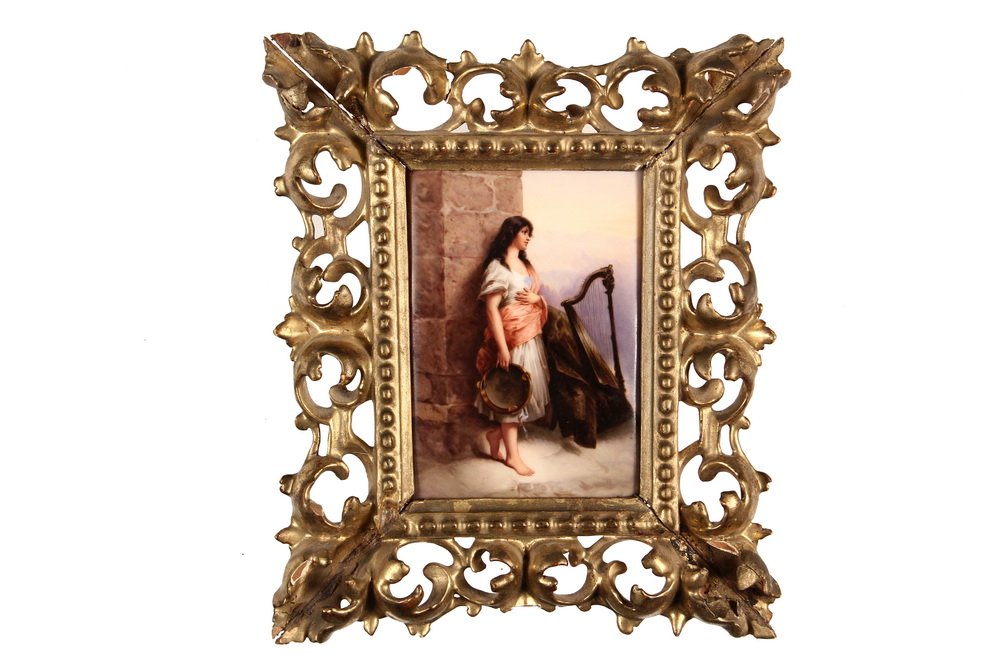 GERMAN PORCELAIN PLAQUE - Portrait of Barefoot Woman: GERMAN PORCELAIN PLAQUE - Portrait of Barefoot Woman with Tambourine leaning against stone wall with waves lapping at her feet, alongside a harp leaning on an empty jacket, signed 'Wagner', with impre