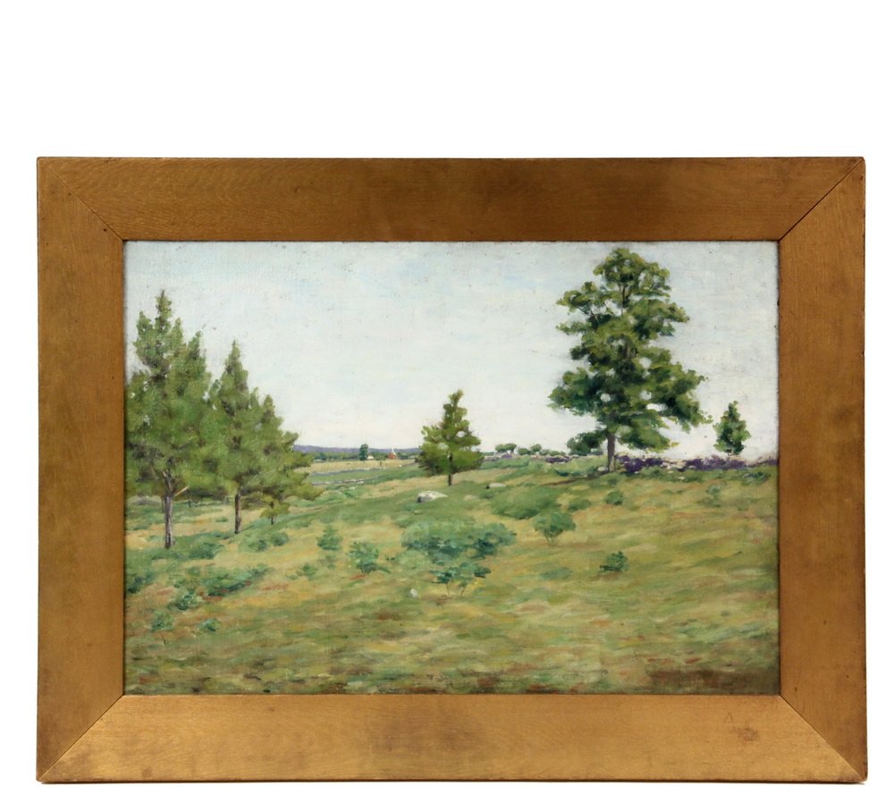 THEODORE WENDEL (MA/OH, 1859-1932) - The Red Barn on: THEODORE WENDEL (MA/OH, 1859-1932) - The Red Barn on Eagle Hill, Ipswich, Mass., oil on canvas, signed lower right "Theo Wendel" (partially obliterated by cleaning), in gold painted mitered frame with