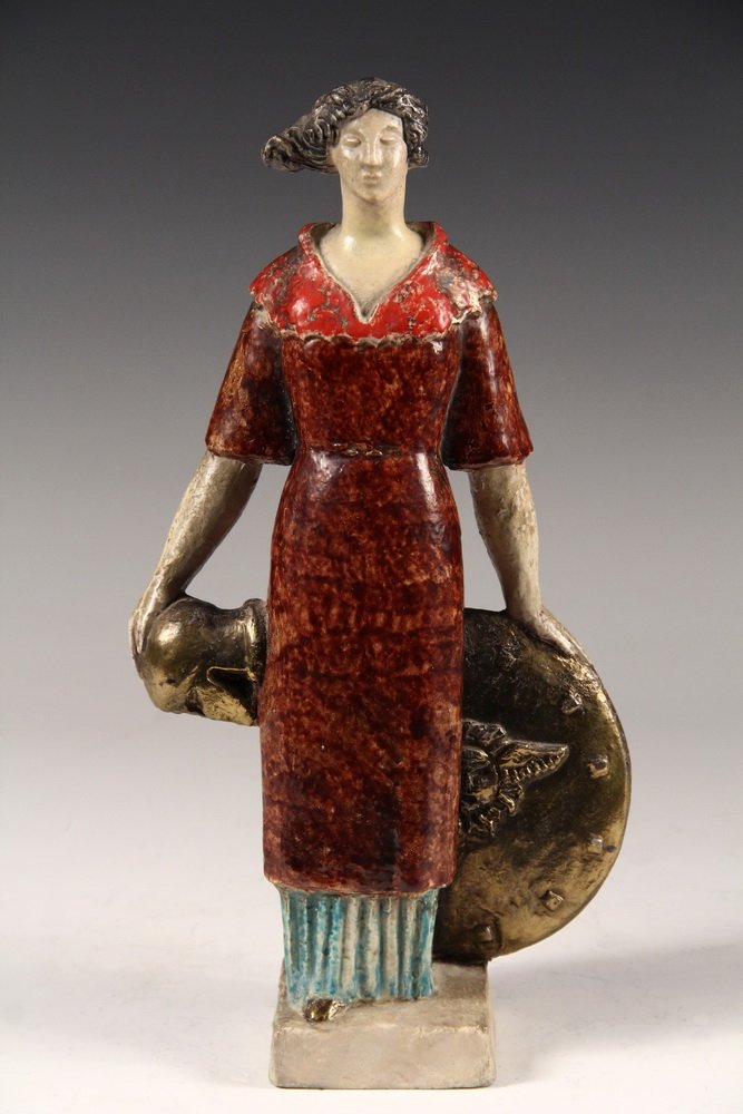 FRENCH ART POTTERY FIGURE - Standing Liberty with: FRENCH ART POTTERY FIGURE - Standing Liberty with Helmet and Shield, signed "Muller" on the base, attributed to Emile Muller & Cie, in their distinctive glazes, circa 1900. 13 1/2" tall. Fine conditio