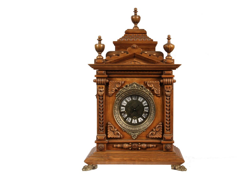 BRACKET CLOCK - Contemporary Wood Cased Chiming Mantel: BRACKET CLOCK - Contemporary Wood Cased Chiming Mantel Clock by Gazo, in a Roman Revival architectural form case with finials, stepped pediment, applied decoration and brass lion paw feet, the engrave