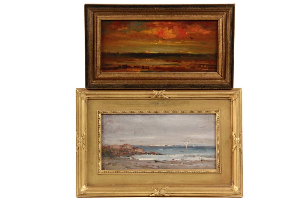 HENRY HAMMOND AHL (MA/NY/CT, 1869-1953) - Two Miniature: HENRY HAMMOND AHL (MA/NY/CT, 1869-1953) - Two Miniature Seascapes, Morning and Dusk, both oil on board, initialed, in gilt replica Arts & Crafts frame, OS: 7" x 11", SS: 3 1/2" x 7 1/2" & gold molded,
