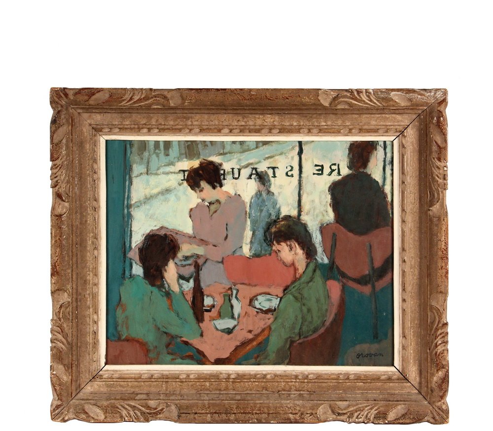 ELSIE OROVAN (NV/UT, 1910-2006) - "Lunch Hour", oil on: ELSIE OROVAN (NV/UT, 1910-2006) - "Lunch Hour", oil on masonite, signed lower right "Orovan", titled verso, in carved gold painted frame with cream liner, OS: 17 3/4" x 21 1/2", SS: 12 1/4" x 16". Goo