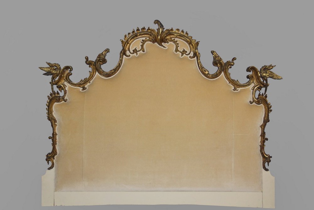 CUSTOM HEADBOARD - Custom King-Size Upholstered: CUSTOM HEADBOARD - Custom King-Size Upholstered Headboard made up from period Chippendale carved giltwood fragments, The work is in deep relief featuring ornate floral scrollwork and exotic birds in f