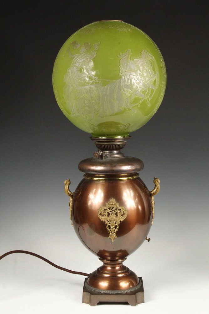 BANQUET LAMP - Superior Quality "Gone With the Wind": BANQUET LAMP - Superior Quality "Gone With the Wind" Lamp, circa 1880, kerosene converted to electric circa 1920, unmarked, having a fabulous Classical Revival etched vaseline glass globe featuring wa