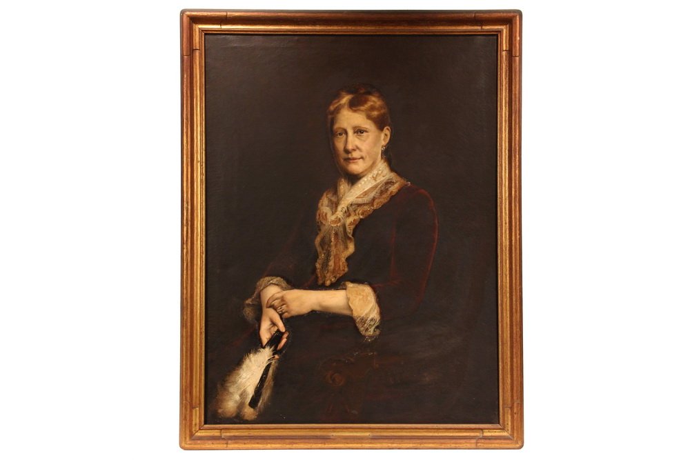 19TH C GERMAN SCHOOL - 3/4 Length Portrait of Martha: 19TH C GERMAN SCHOOL - 3/4 Length Portrait of Martha Ann Towne Ransom (1831-1903), oil on canvas, unsigned but reportedly by Miss Nehrens, American, Berlin, 1888, in original gold molded frame, OS: 45