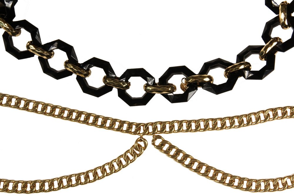 (2) 1980s DESIGNER BELTS - Faceted Gold and Black Chain: (2) 1980s DESIGNER BELTS - Faceted Gold and Black Chain Belt, 40" long, 1 3/4" black links, with tiny Giorgio Armani charm at one end; PLUS Gold Chain Belt with two swags, marked 'Chanel' on the hook,
