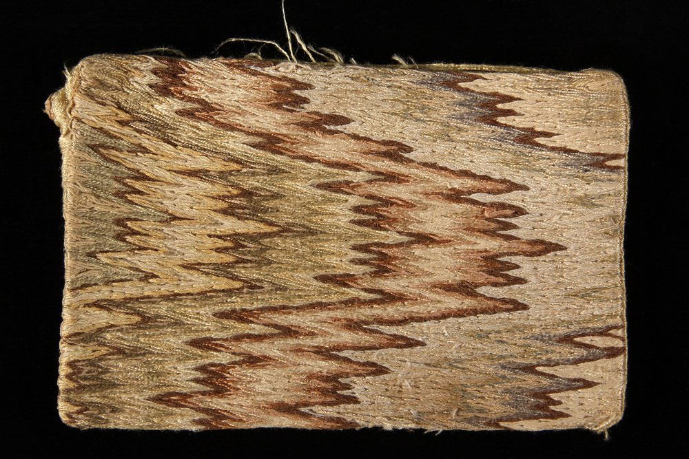 EARLY NEEDLEPOINT POCKETBOOK - 18th c. New England: EARLY NEEDLEPOINT POCKETBOOK - 18th c. New England Flame Stitch, with later silk lining, bargello needle work in polychrome. 6 1/2" x 4" bifold. Some edge wear, fading and minor soiling.