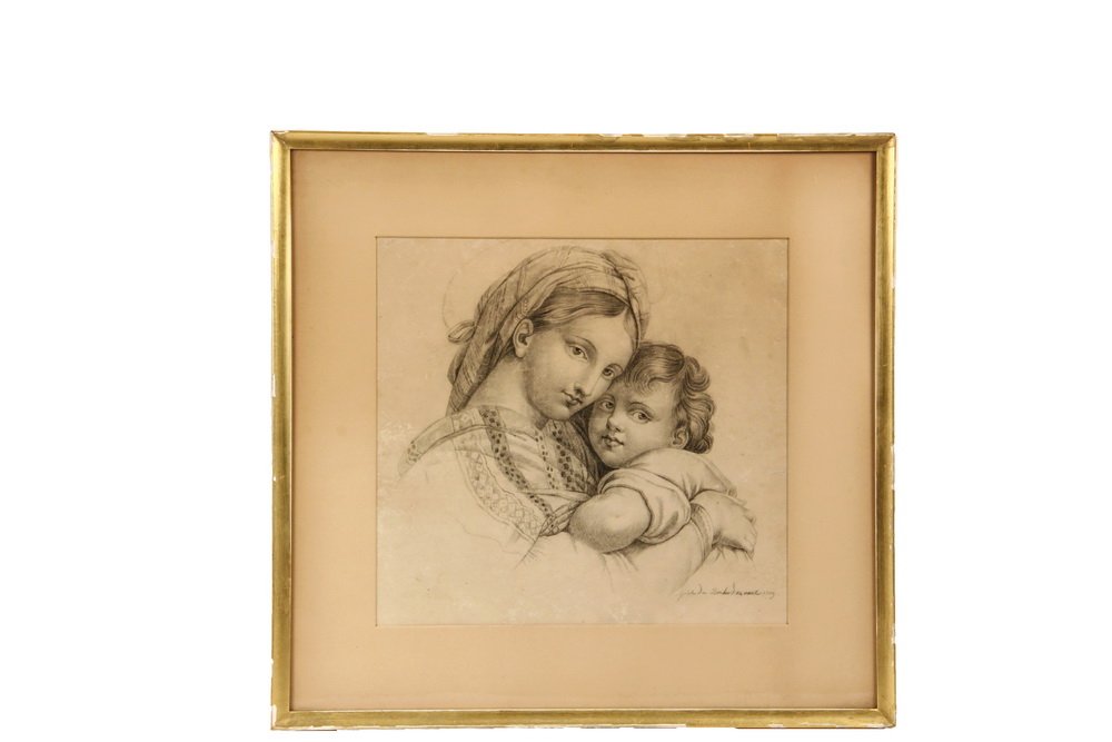 GRAPHITE DRAWING - Copy of "Madonna of the Chair" by: GRAPHITE DRAWING - Copy of "Madonna of the Chair" by Raphael (1483-1520), dated lower right "14 about 1819" and illegibly "Gescheiden Bonbard" (?). In gold stick frame, matted and glazed. OS: 16 3/4" 