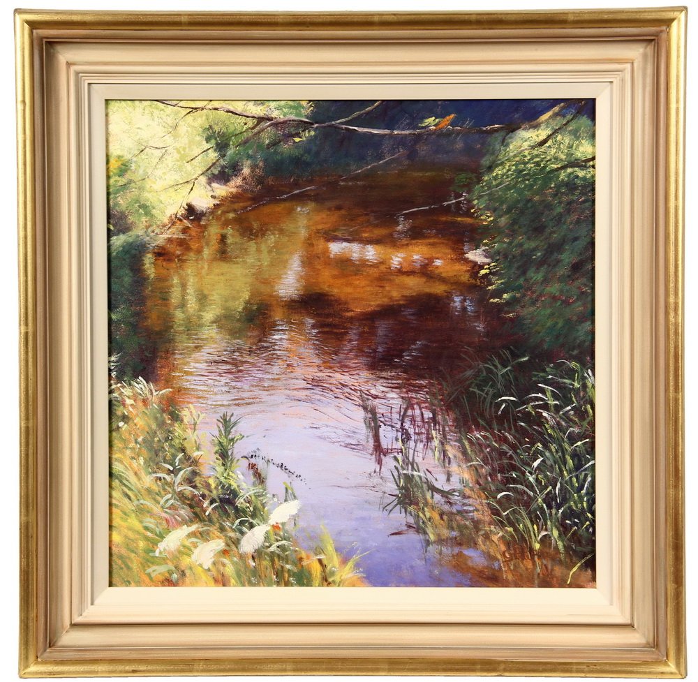 GRAHAM PAINTER (Contemporary British ) - "River: GRAHAM PAINTER (Contemporary British ) - "River Reflections (3)", oil on canvas, signed lr, titled on Sarah Samuels of Wrexham label verso. Impressionist study of water. In gold and tan molded frame. 