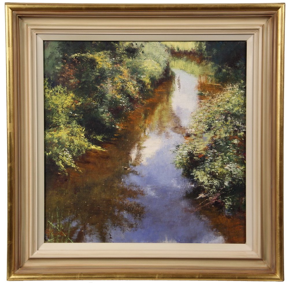 GRAHAM PAINTER (Contemporary British) - "River: GRAHAM PAINTER (Contemporary British) - "River Reflections (2)", oil on canvas, signed lr, titled on Sarah Samuels of Wrexham label verso. Impressionist study of water. In gold and tan molded frame. O