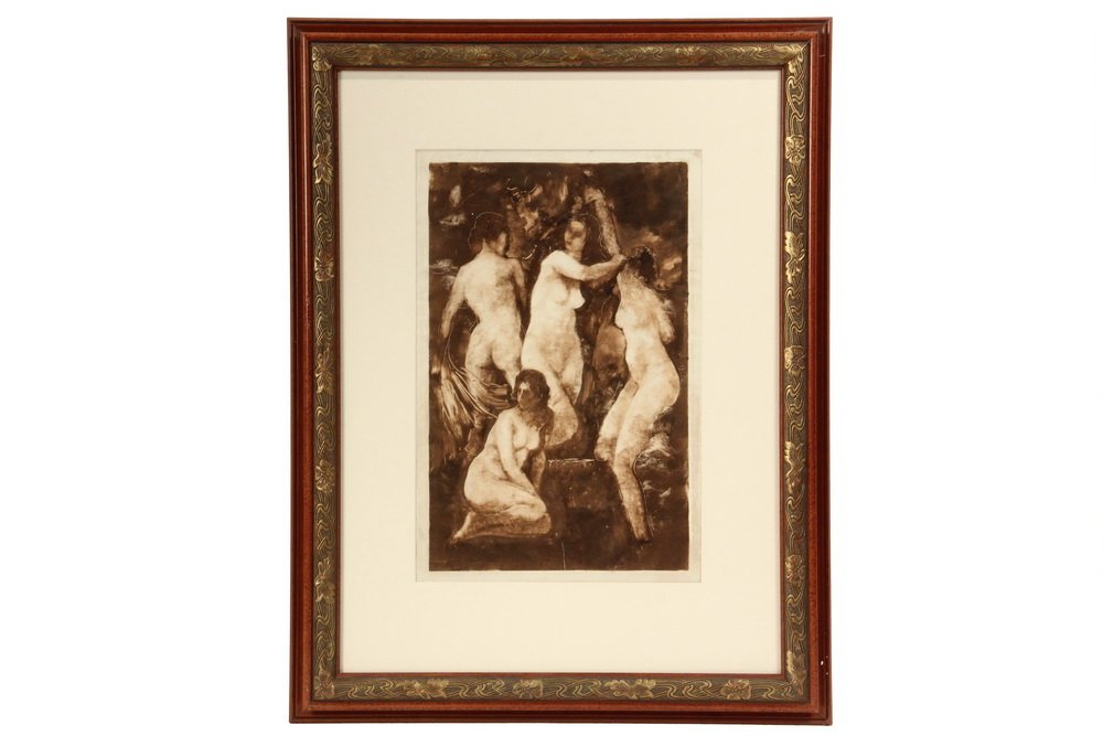 PAUL DOUGHERTY (CA/NY/France, 1877-1947)- Study of Four: PAUL DOUGHERTY (CA/NY/France, 1877-1947)- Study of Four Nudes, monotype on paper, unsigned, circa 1905, in molded wood frame with pressed gold rank, matted under UV plexi, OS: 27" x 21", SS: 15 3/4" x