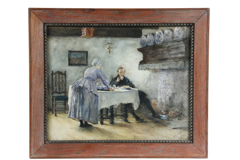 WATERCOLOR - 19th c. Danish Domestic Interior depicting: WATERCOLOR - 19th c. Danish Domestic Interior depicting man being served tea by his wife at sturdy table alongside tile lined fireplace with a row of faience plates along the mantel, signed lr 'J. Gui
