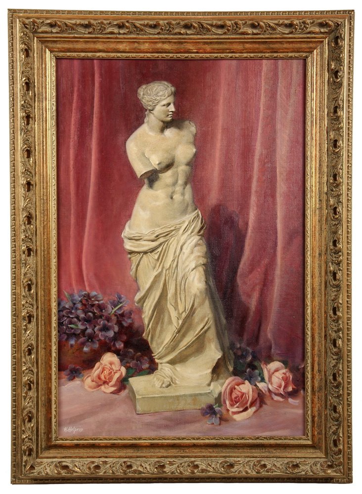 HENRY D. HELPRIN, ILLUSTRATOR - Venus de Milo and: HENRY D. HELPRIN, ILLUSTRATOR - Venus de Milo and Roses, oil on canvas, signed lower left, in gold painted reticulated frame. OS: 29" x 21". SS: 23 1/2" x 15 1/2". Fine condition.