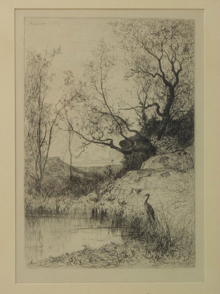ADOLPHE APPIAN (French, 1818-1898) - 'Une Mare',: ADOLPHE APPIAN (French, 1818-1898) - 'Une Mare', drypoint etching, signed in plate and dated 1897, Frederich Keppel of NYC label verso, in black stick frame, matted and glazed, Plate Size: 9 1/4" x 6