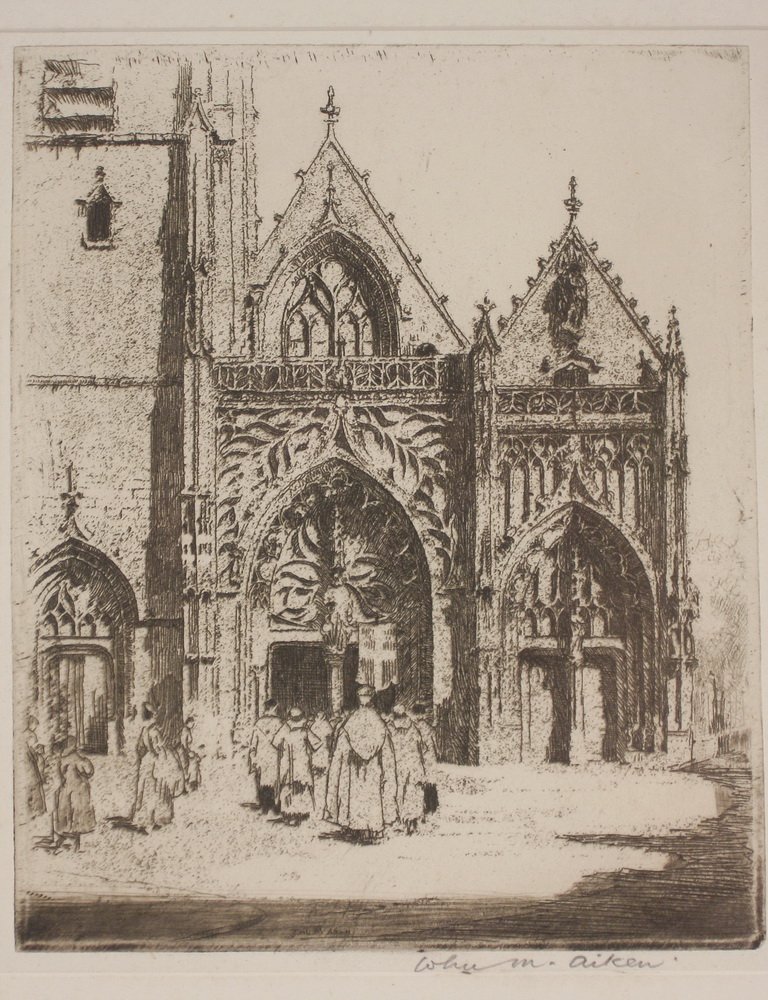 ETCHING - 'St. Gilles, Abbeville', by John M. Aiken,: ETCHING - 'St. Gilles, Abbeville', by John M. Aiken, pencil signed lr, view of entrance to gothic cathedral, unframed, shrinkwrapped in mat, SS: 5 1/2" x 4 1/2", OS: 14" x 10 1/4". Good condition.