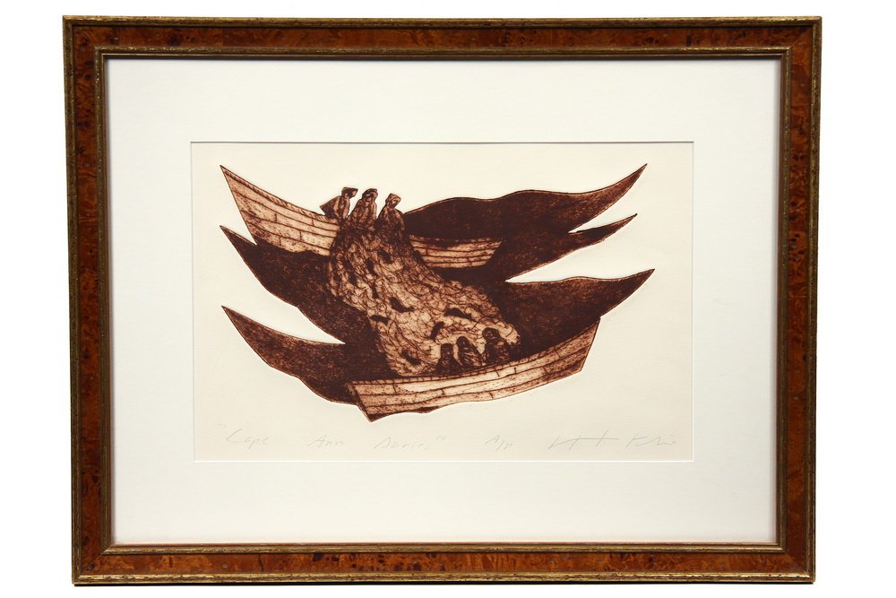 HOWARD KLINE (Contemporary CA/MA) - 'Cape Ann Dories',: HOWARD KLINE (Contemporary CA/MA) - 'Cape Ann Dories', etching, signed and titled at bottom and marked A/P, in burl maple and gold edged frame, the impression in the silhouette of the image, roughly 8