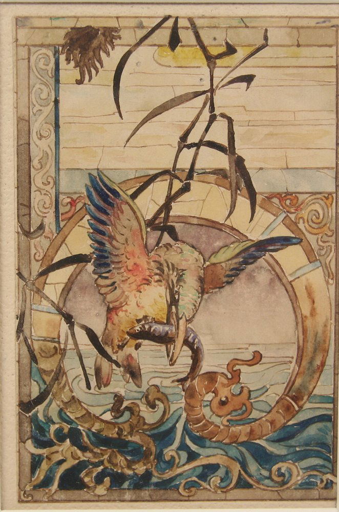 WATERCOLOR - Aesthetic Period Stained Glass Window: WATERCOLOR - Aesthetic Period Stained Glass Window Design, unsigned, probably English, circa 1900, depicting a bird plucking a fish from the water, a sea serpent theme providing a circular frame, with
