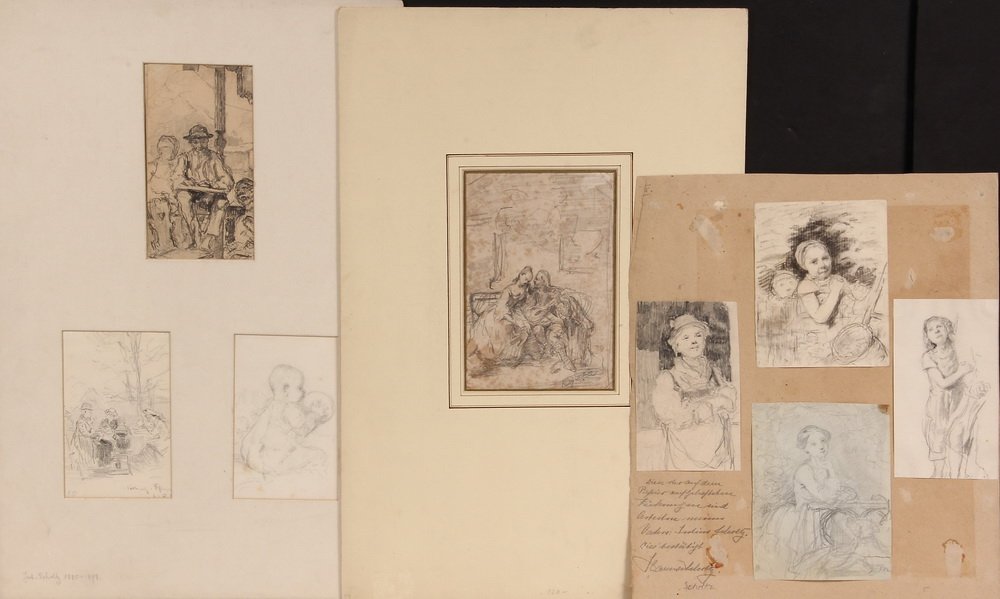 (7) GRAPHITE DRAWINGS ON (3) MOUNTS - Studies of People: (7) GRAPHITE DRAWINGS ON (3) MOUNTS - Studies of People by Julius Sholtz (German, 1825-1893), pages from his sketchbook, some are double sided, range in size from 7" x 4 1/2" to 3" x 5". Some foxing, 