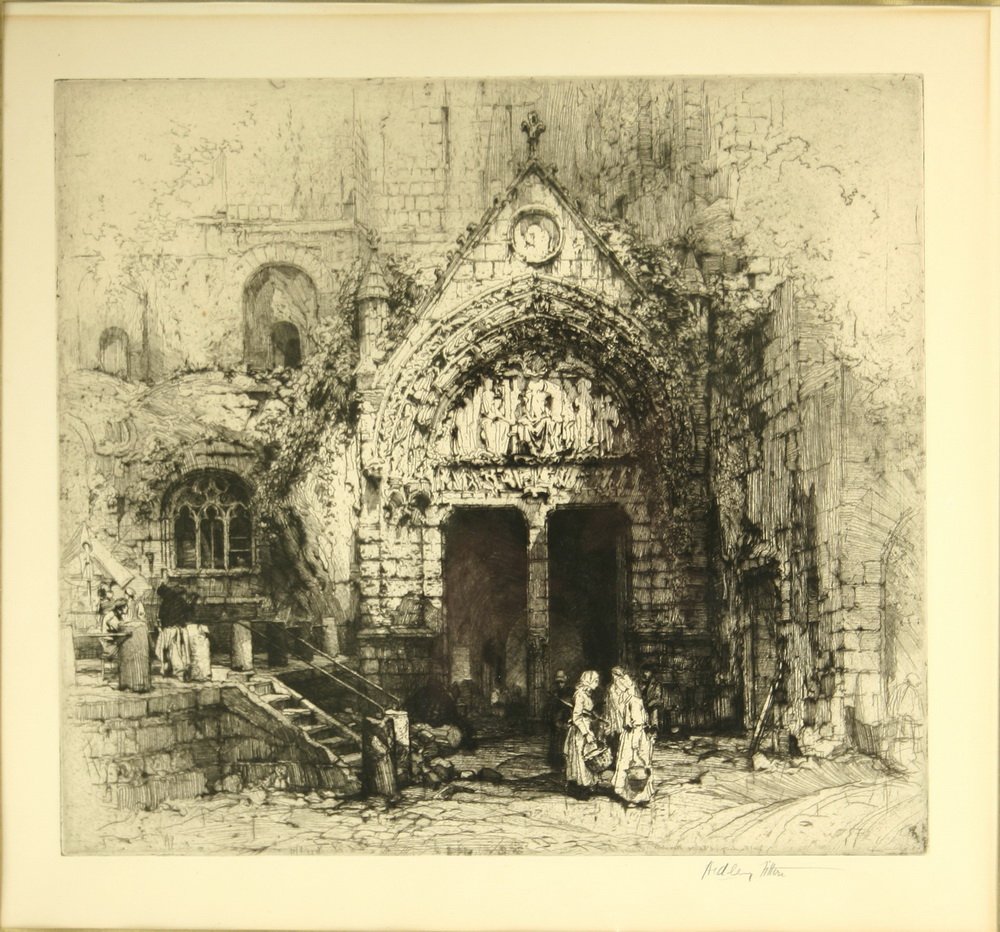 ETCHING - 'Entrance L'Eglise Maralitta' by E. Hedley: ETCHING - 'Entrance L'Eglise Maralitta' by E. Hedley Fitton (British, 1859-1929), pencil signed lr, rich depiction of gothic church portal, black stick frame, matted and glazed, plate size: 12 1/2" x 