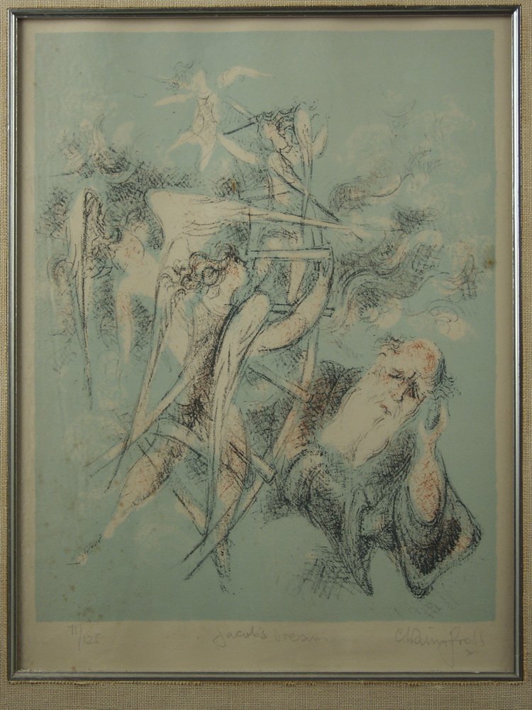 LITHOGRAPH - 'Jacob's Dream' signed lr 'Chaim Proll': LITHOGRAPH - 'Jacob's Dream' signed lr 'Chaim Proll' numbered 71/135, silver molded frame, linen mat, glazed. SS: 15 1/2" x 11 3/4", OS: 22" x 18". Good condition.