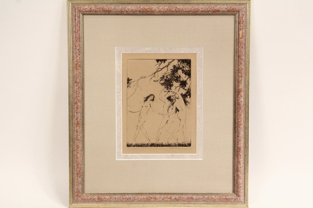 WARREN DAVIS (NY, 1865-1928) - "The Three Graces",: WARREN DAVIS (NY, 1865-1928) - "The Three Graces", etching on tan paper, pencil signed in lower margin, titled on label verso, in speckled frame with silver molded edge, linen mat, glazed, OS: 18 1/2"