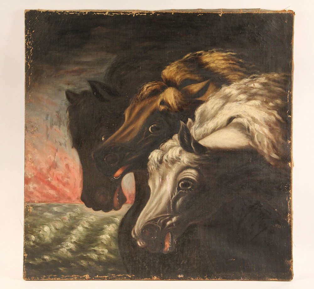 OOC - Portrait of Three Horses (representing the basic: OOC - Portrait of Three Horses (representing the basic elements of earth, wind and fire), from the original by Rosa Bonheur, fires over waves in background, unframed, SS: 30" square. Chafing to edges,